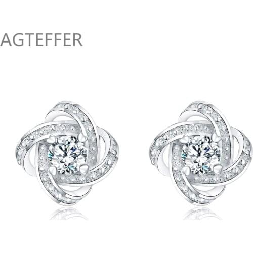 AGTEFFER 925 Sterling Silver Weave Heart AAA Zircon Earrings for Women Wedding Fashion Stud Earrings Charm Jewelry