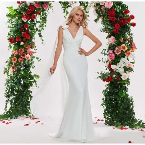 Tanpell Bowknot Straps Appliques Beading Backless Wedding Dress V-Neck Sleeveless Watteau Train Mermaid Custom Wedding Dress