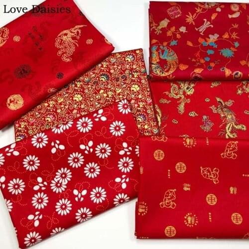 100% Cotton Chinese style Bronzed Reactive Printing/Dyeing Festive red Dragon Phoenix Flower Fabrics for Handwork Craft Apparel