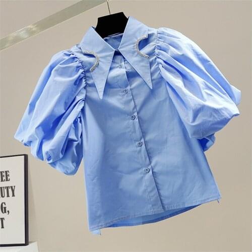 Vintage Short Lantern Sleeve Shirt Women Side Slit Irregular Rhinestone Turn Collar Single-Breasted Blouses Office Lady Chic Top