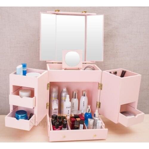 Japanese Cosmetic Box With Mirror And Cover Large Cosmetics Storage And Reception Cabinet Dust-proof Girl