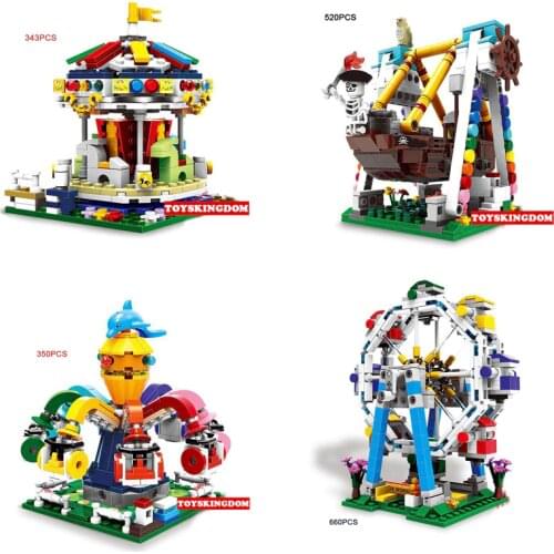 Funny Amusement Park moc bricks mini Octopus Merry-go-round carrousel pirate ship Ferris wheel building block toys collection