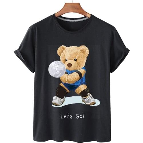 100% Cotton Selling Kung Fu Bear Cartoon Print Short Sleeve 0-neck Loose T-shirt Female High Quality Plus Size T-shirt S-3XL