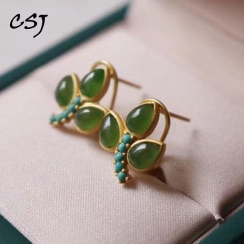 CSJ Natural Hetian Jasper Earrings Solid 925 Sterling Silver Jade Gemstone for Women Fine Jewelry Party Wedding Gift Free Ship