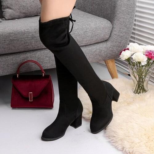 2021 Fashion Women Boots Spring Winter Over The Knee Heels Quality Suede Long Comfort Square Botines Mujer Thigh High Boots