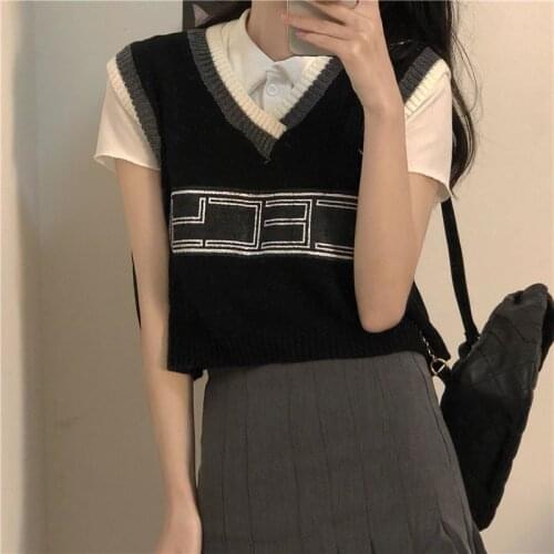 Vintage Sweater Vest Women 2021 Korean Preppy Style Casual Letter V Neck Sleeveless Pullover Knitted Tank Tops Waistcoat T662