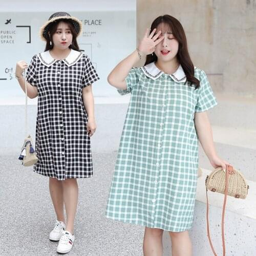 Plus Size Lattice Women Clothes Lapel Dress loose Dress Casual Short Sleeve Beach Sundress Midi Dress