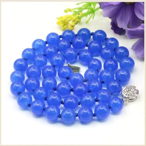 10mm Round Blue Jades Chalcedony Necklace Natural Stone Rose Clasp Accessory Neckwear Hand Made Women Girl Jewelry Making Design
