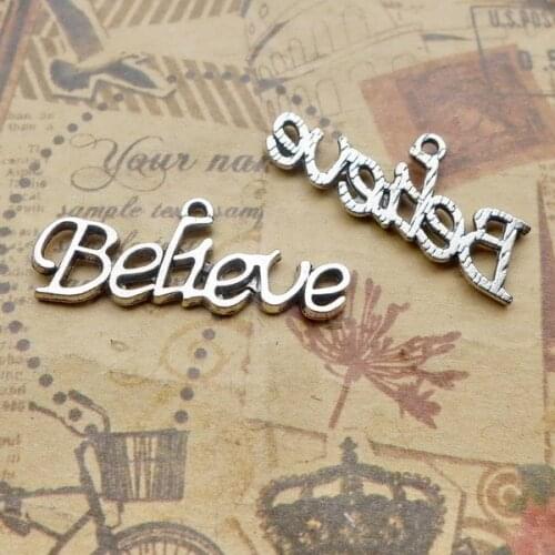 12 Pieces 30x13mm Antique Silver Color Believe Charms Hollow Necklace Bracelet For DIY Jewelry Making