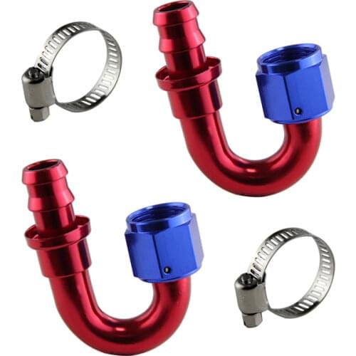 AN10 AN-10 10 AN 180 Degree Push On Oil Fuel Line Hose End Fitting +clamps+Red &Blue