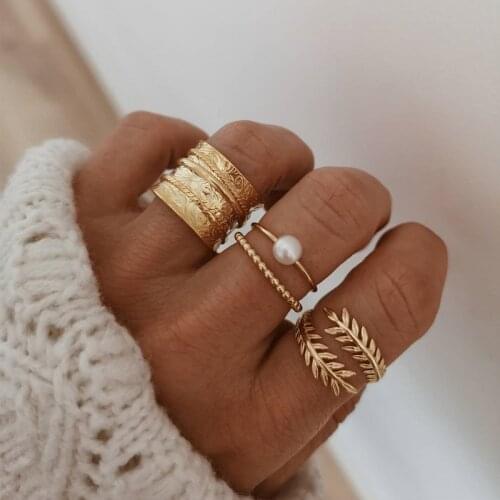 4 Pcs/Set Gold Women Rings Set Leaf Imitation Pearl Geometric Open Knuckle Rings Boho Party Jewelry Accessories