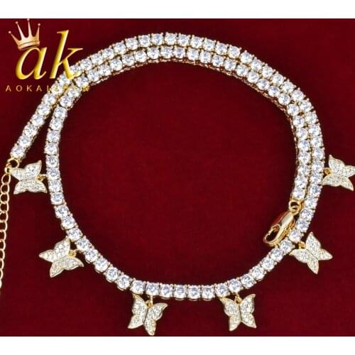 Gold Color Butterfly Pendant for Women Tennis Chain Link Necklace Hip Hop Jewelry