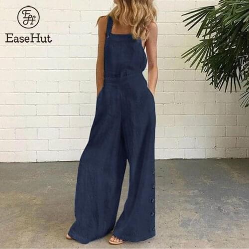 EaseHut Fashion Women Solid Color Jumpsuit Sleeveless Pocket Zipper Button Loose Casual Romper Overall Playsuit Female Jumpsuit