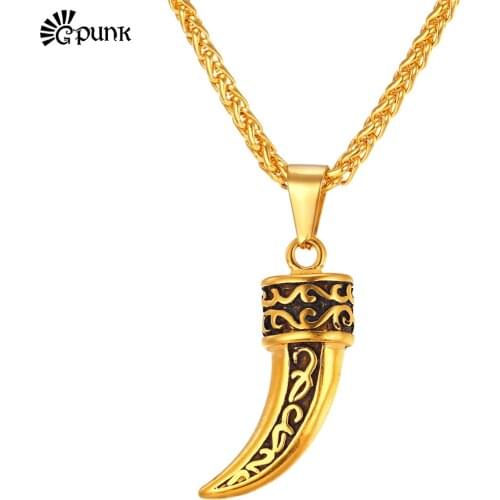G Punk Rock Style Wolf Fang European Vintage Pendant Necklace Men Chain Gold color Stainless Steel Necklace P1884G
