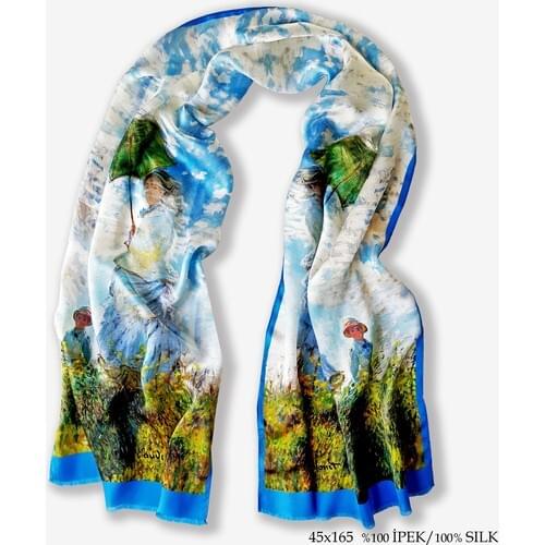 Galiga 100% Bursa Silk Scarf Monet Women With Umbrella Artwork Green Blue White Female Fashion 2021 High Quality 165x45 CM