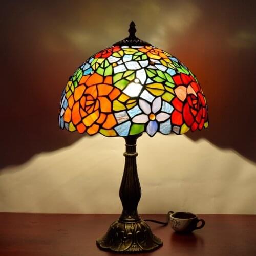 European-Style Creative Pastoral Rose Bar Hotel Bedroom Bedside Table Lamp American Tiffany Colored Glass Lamp