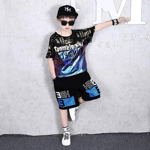 Fashion Childrens Costumes Suit Boys Short-Sleeved Hip-Hop Dance Trend Two-Piece Activewear Fitness Apparel