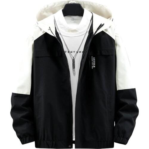 Mens Spring Hooded Jacket Hip-Hop Black Casual Coat Sportswear Young Vital Wind Patchwork Color Monolayer Jacket 4XL