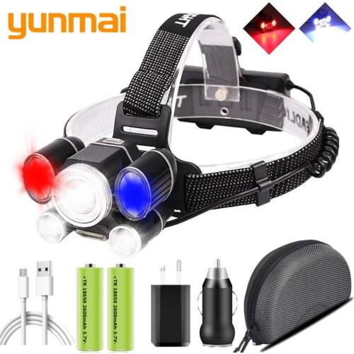 XP50.2 Powerful Led Headlamp Zoom Headlights USB Rechargeable 18650 Battery Head Flashlight Torch Lamp Red Blue & Ｗhite Light