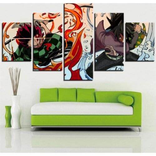 Wall Art Home Decor Painting 5 Panels HD Japan Anime Boy Picture Tomioka Giyuu Demon Slayer Kamado Tanjirou Poster Animation