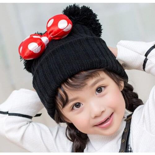 2019 New Big Dot Bowknot Baby Hat Cute Kids Girls Pompom Ball Cap Autumn Winter Outdoor Warm Knitted Beanie