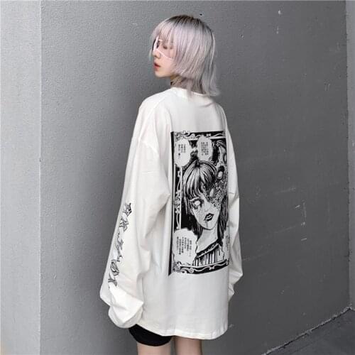 2021 New Harajuku Long Sleeve T Shirt for Women Ladies Junji Ito Tshirt Ulzzang Korean Style Tee Top Clothes Horror Manga Print