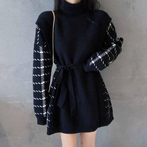 Spring and winter new long-sleeved plaid knitted dress loose black turtleneck plaid knitted dresses for women