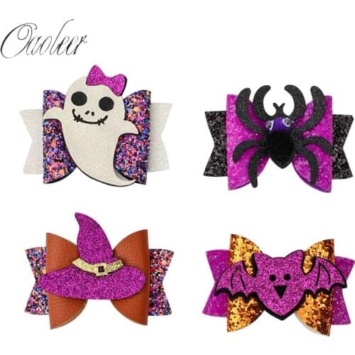 Oaoleer 3" Halloween Hair Bows Glitter Cartoon Ghost Spider Bat Hairpins Clips For Girls Kids Party Hairgrips Accessories