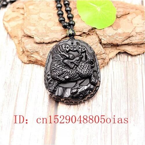 Natural Black Obsidian Dragon Pendant Beads Necklace Fashion Charm Jewellery Hand-Carved Qilin Amulet Gifts for Women Men