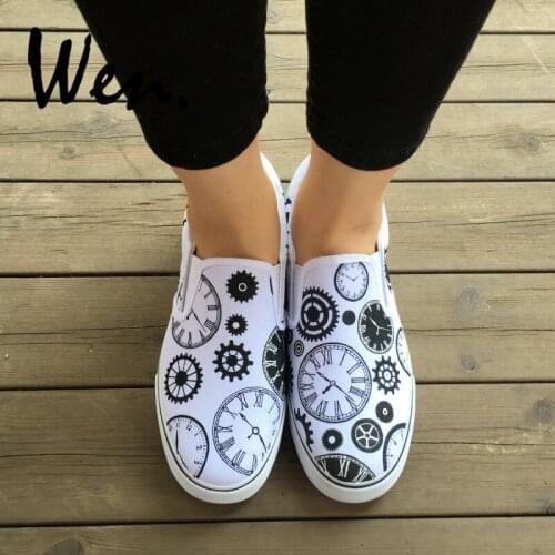 Wen Original Design Custom Clock Time Wheel Gear Hand Painted Shoes Slip On Flats Canvas Sneakers for Boys Girls Birthday Gifts