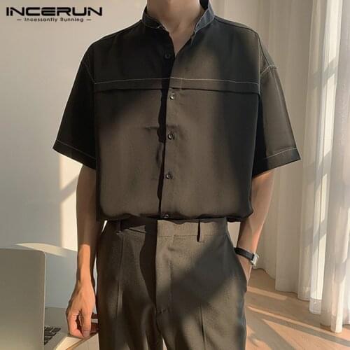 Man Basic Loose Chemise INCERUN Men Casual Shirts Summer Short Sleeve Stand Collar Blouse Leisure Solid Color Button Camisa 5XL
