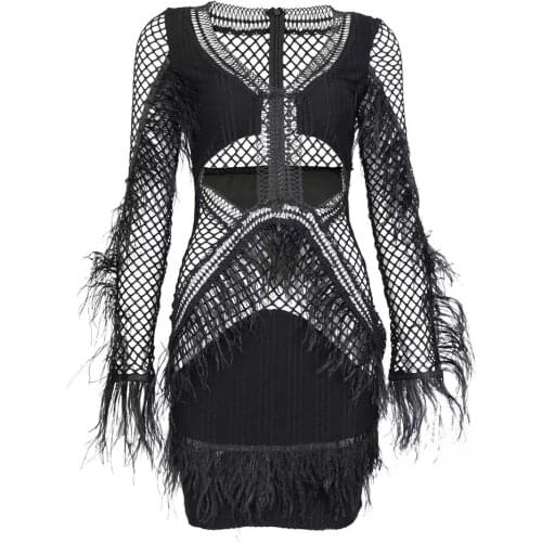 Black Mesh Feathers Long Sleeve Bodycon Sexy Bandage Dress Evening Party Bodycon Dress Transparent Night Club Ladiess Dresses