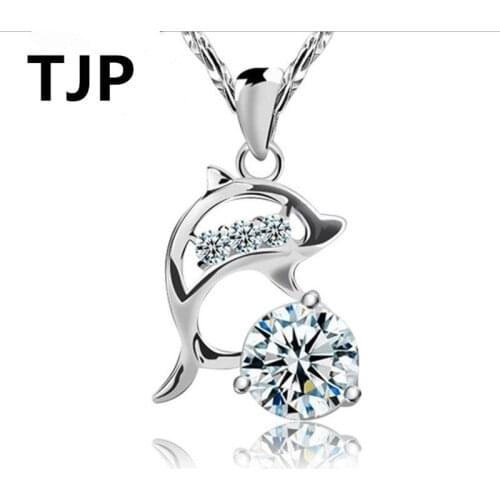 TJP Cute Dolphin Bright Crystal Women Pendants Necklace Jewelry Fashion 925 Sterling Silver Choker Necklace For Girl Promise