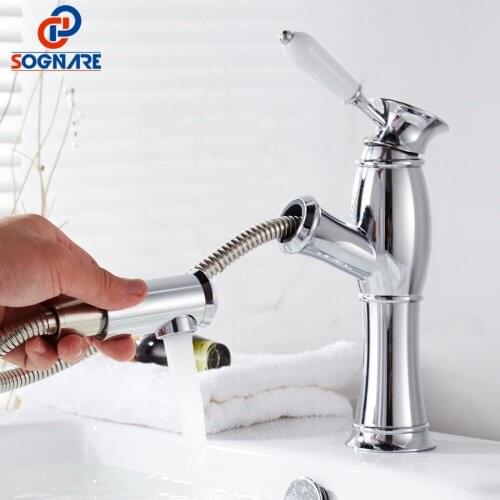 SOGNARE Contemporary Basin Faucet For Bathroom Faucet Single Handle Bathroom Pull Out Sink Tap Basin Mixer Brass Chrome Taps