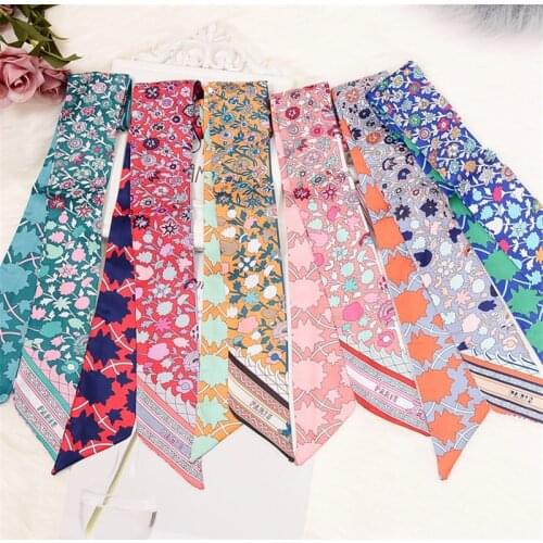 Bag Scarf 2021 New Floral Print Women Silk Scarf Skinny Bag Ribbon Female Headband Fashion Head Scarf Long Scarves & Wraps