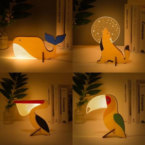Animals LED Night Light Wood Acrylic Table USB Lights Decorate For Children Baby Kids Bedside Lamp Pelican Sirius Whale Toucan