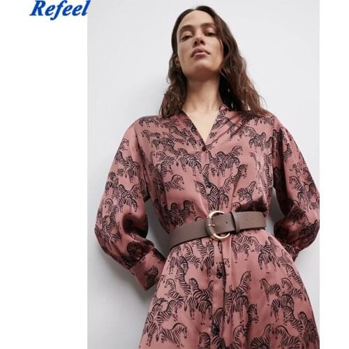 Spring women long dress with sashes long sleeves satin fabric v neck shirt dress female retro single breasted midi dress