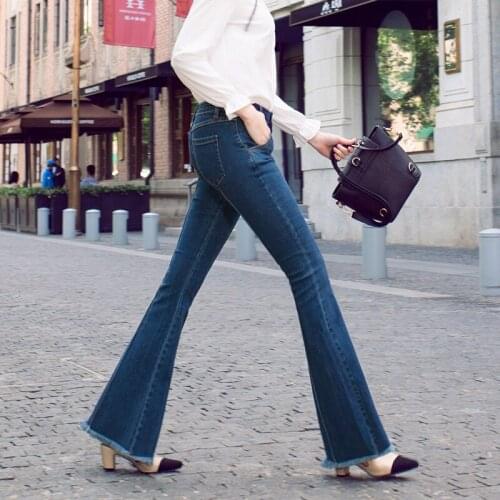 2020 spring fall women fashion solid tassel skinny flare jeans elastic plus size jeans long denim trousers Y679