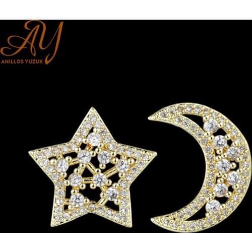 Anillos Yuzuk Solid 925 Sterling Silver Moon&star Stud Earrings For Women Asymmetry Cute Korean Earrings Girl Party Jewelry