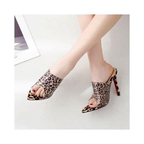 Women Shoes 2020 New Slippers Heel High 15CM Fashion Temperament Open Toe Sexy Leopard Thin Heel Female Slipper Pointed Slides