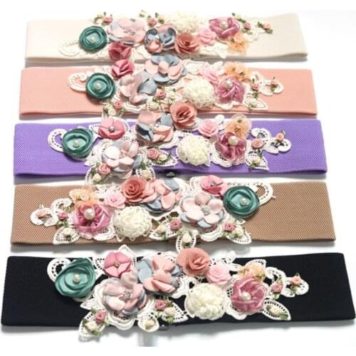 Female Flowers Waistband Embroidery Pearls Decorative 2020 Fashion Korean Style Simple All-Match Elastic Accessories Belts
