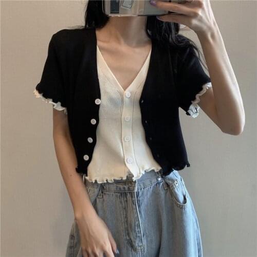 2021 Summer New Fashion Korean Style V-neck Slim Fit Short Fake Two Pieces Single-Breasted Short Sleeve Knitted Cardigan Womens