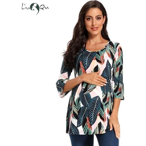 Maternity 3/4 Ruffle Sleeve Shirt Vintage Floral Maternity Top Womens Pregnant Printing Fit Flattering Casual Loose Tops