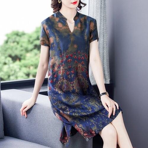2021 Women Elegant 4XL Plus Size Loose Midi Dress Summer Floral Mulberry Silk Satin Dress Vintage Bodycon Print Party Vestidos