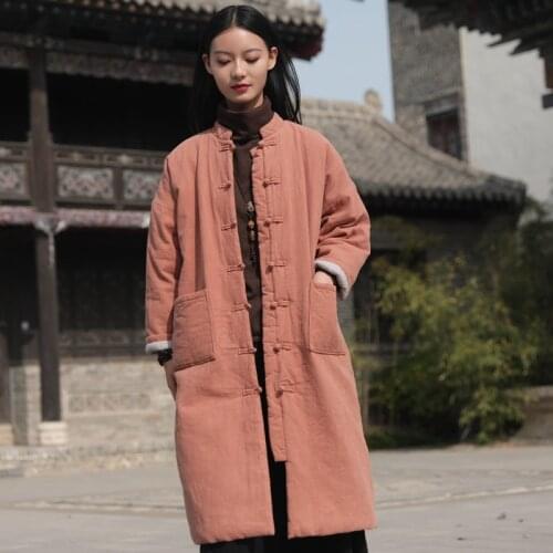 Winter Women Parkas 2021 Cotton Linen Thick Long Coat Pockets Cardigan Cotton-padded Warm Casual Women Parkas