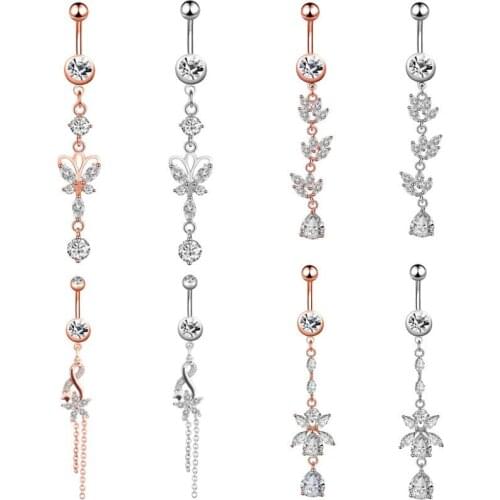 Crystal Stud Barbell Navel Ring Belly Button Rings Dangle Piercing Surgical Steel Sexy for Women Butterfly Body Jewelry 1PC