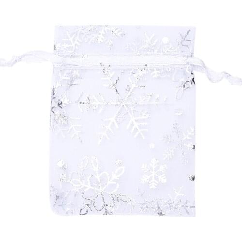 100 PCS Organza Wedding Gift Bags Drawstring Jewelry Pouch Bags Silver White Snowflakes Printed Sheer Party Favor Bags