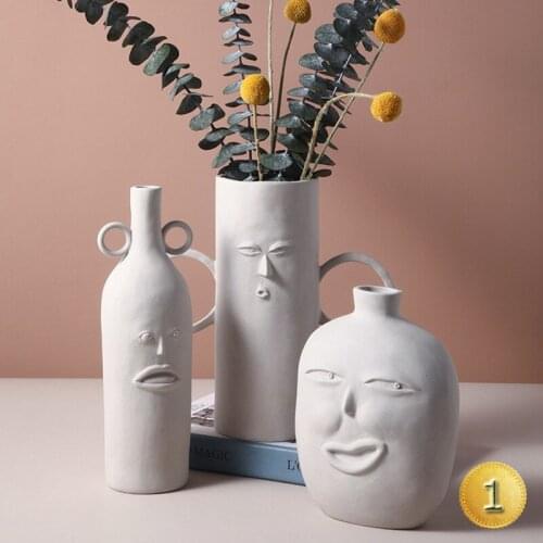 2021 Hot Sale Nordic Art Ceramic Vase Decoration Abstract Human Face Plain Flower Pot Living Room Tabletop Home Decor Aesthetic