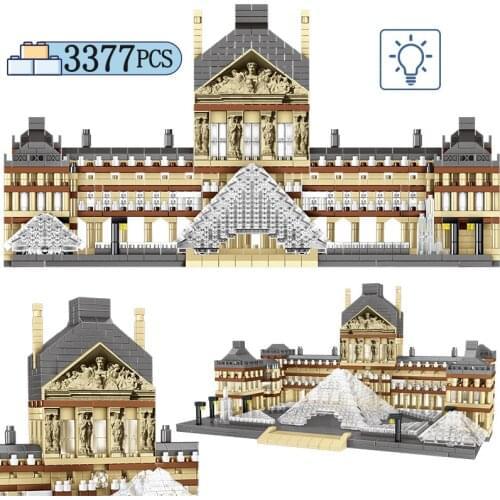 3377Pcs LED City Mini World Famous Paris Louvre Architecture Building Blocks 3D Diamond Landscape house Bricks Toys for Children