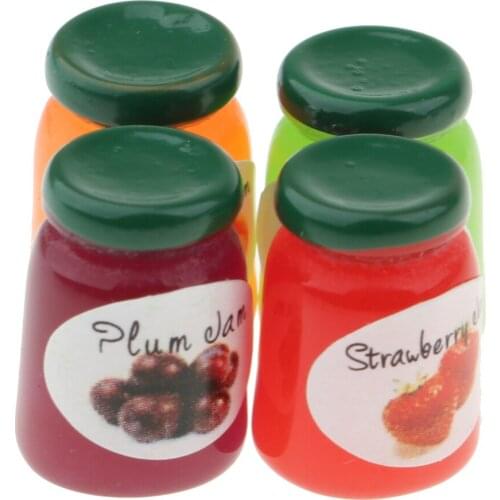 4 Bottles Groceries Shop Canned Fruit Jam Dollhouse Miniatures Kitchen Food Dining Room Display Supplies
